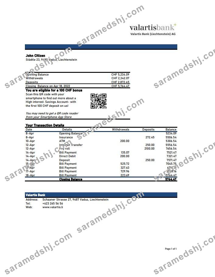 Liechtenstein Valartis bank statement